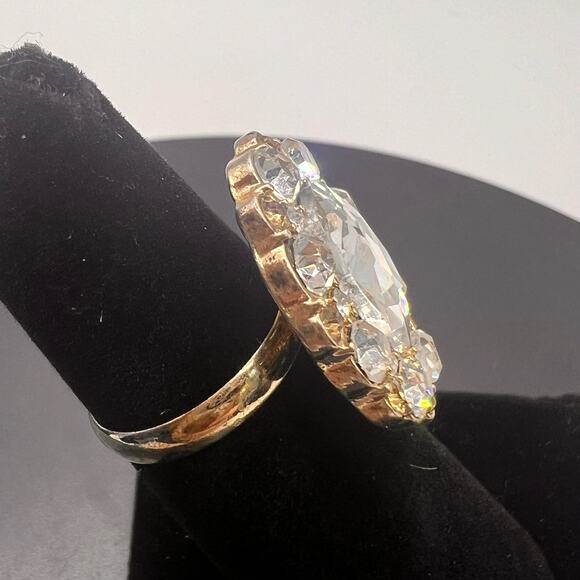 Vintage Ring 60s Huge Clear CZ Rhinestone Gold Overlay Adjustable Band - Picture 3 of 6